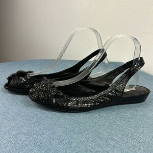 Vera Wang Lavender Label Black Crystal Embellished Peep Toe Slingback Flats Sz 9
